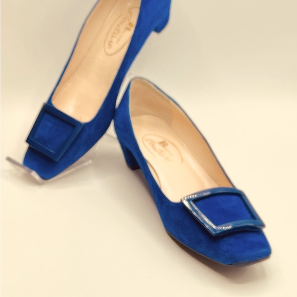 New Luxury Italian Brown Couture Blue 1” Heel Suede W/Buckle Size 36.5, US 6 - Picture 6 of 6